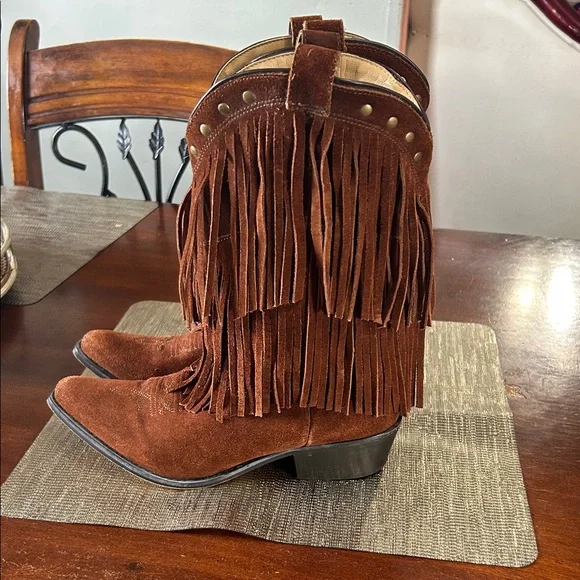 Shyanne Brown Suede Fringe Western Ankle Boots - Picture 4 of 9